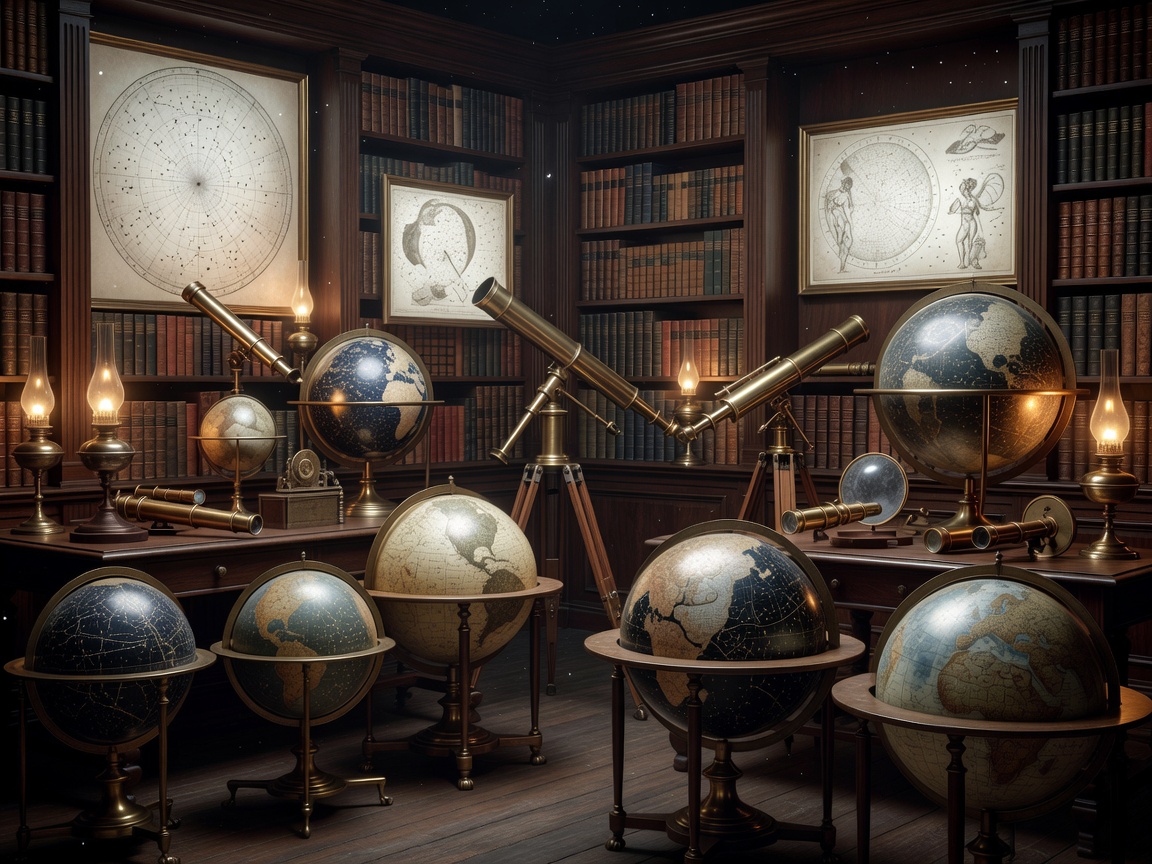 Astronomy library filled with celestial globes, antique telescopes, and illuminated constellation charts