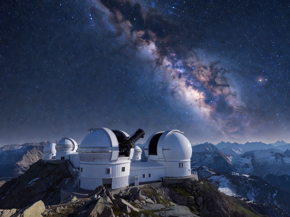 Magnificent mountain observatory beneath a brilliant Milky Way sky featuring giant telescope domes