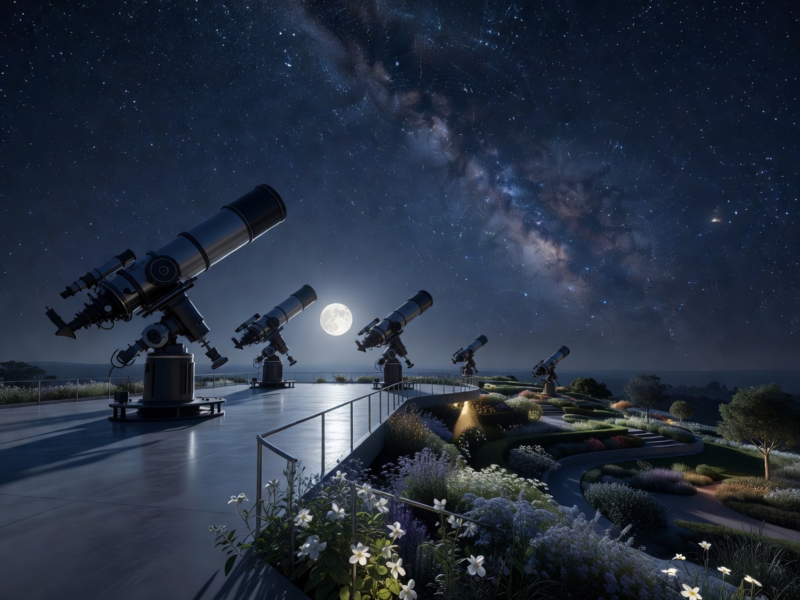 Panoramic observation terrace overlooking the night sky with massive telescopes and moonlit gardens